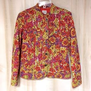 Chico’s Multicolor Circle Cutout Denim Style Button Jacket Pockets, Sz 0 (S)